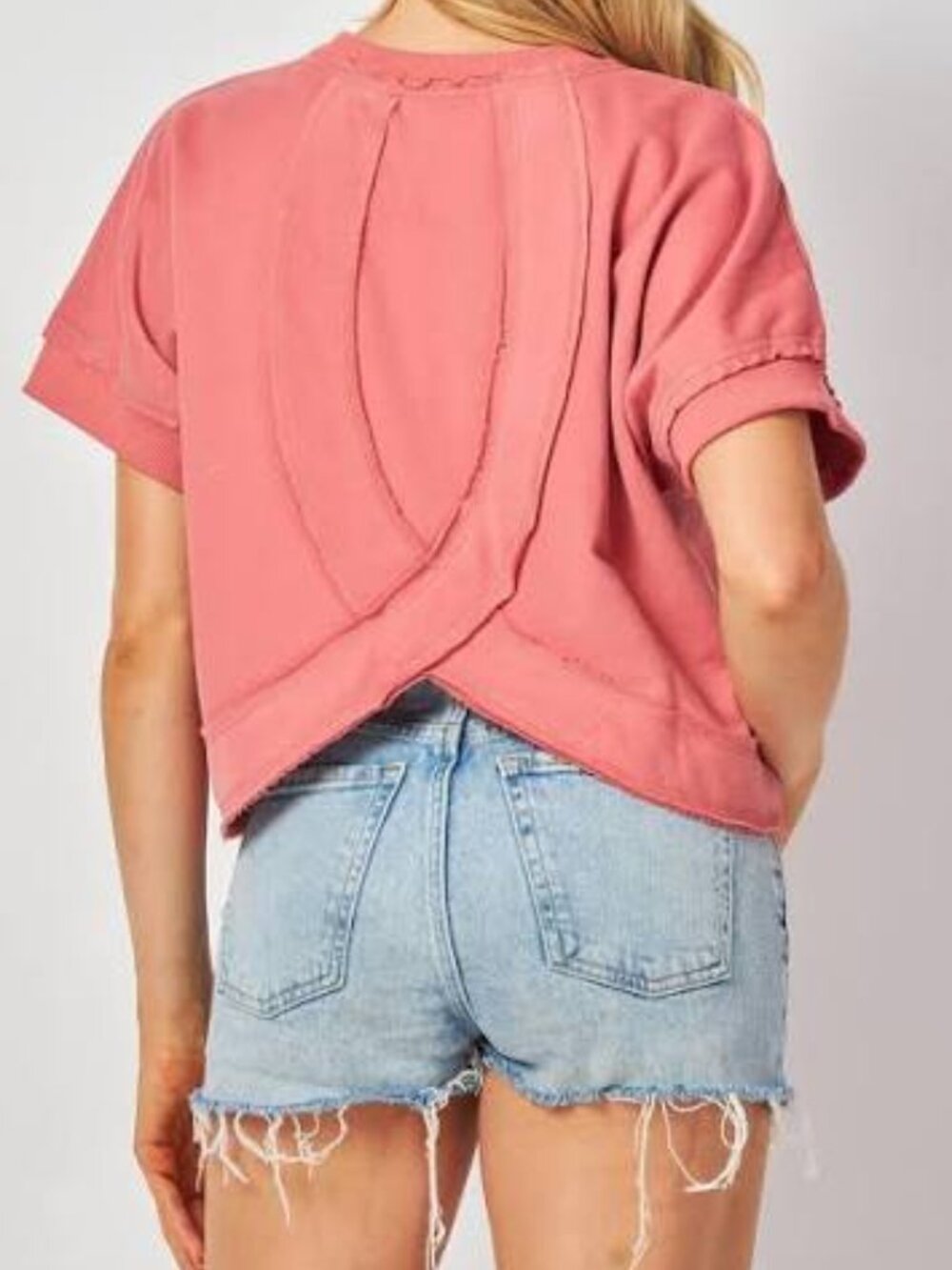 THE GREii Salmon Pink Cropped Sweatshirt Top with Overlap Back Detail